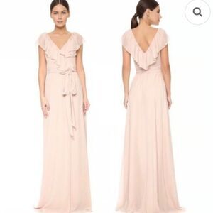 Ceremony by Joanna August Lola Blush Pink Ruffle Chiffon Wrap maxi Dress sz L